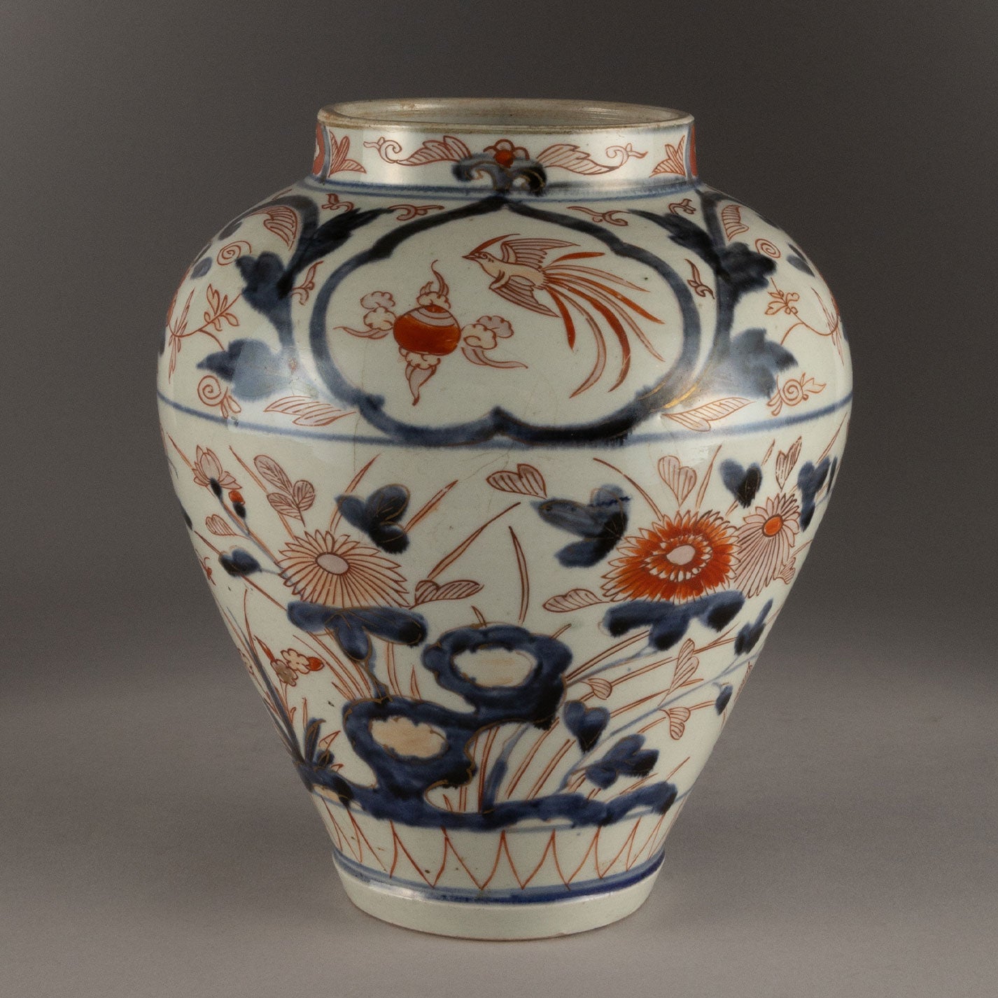古伊万里染錦花鳥文壺