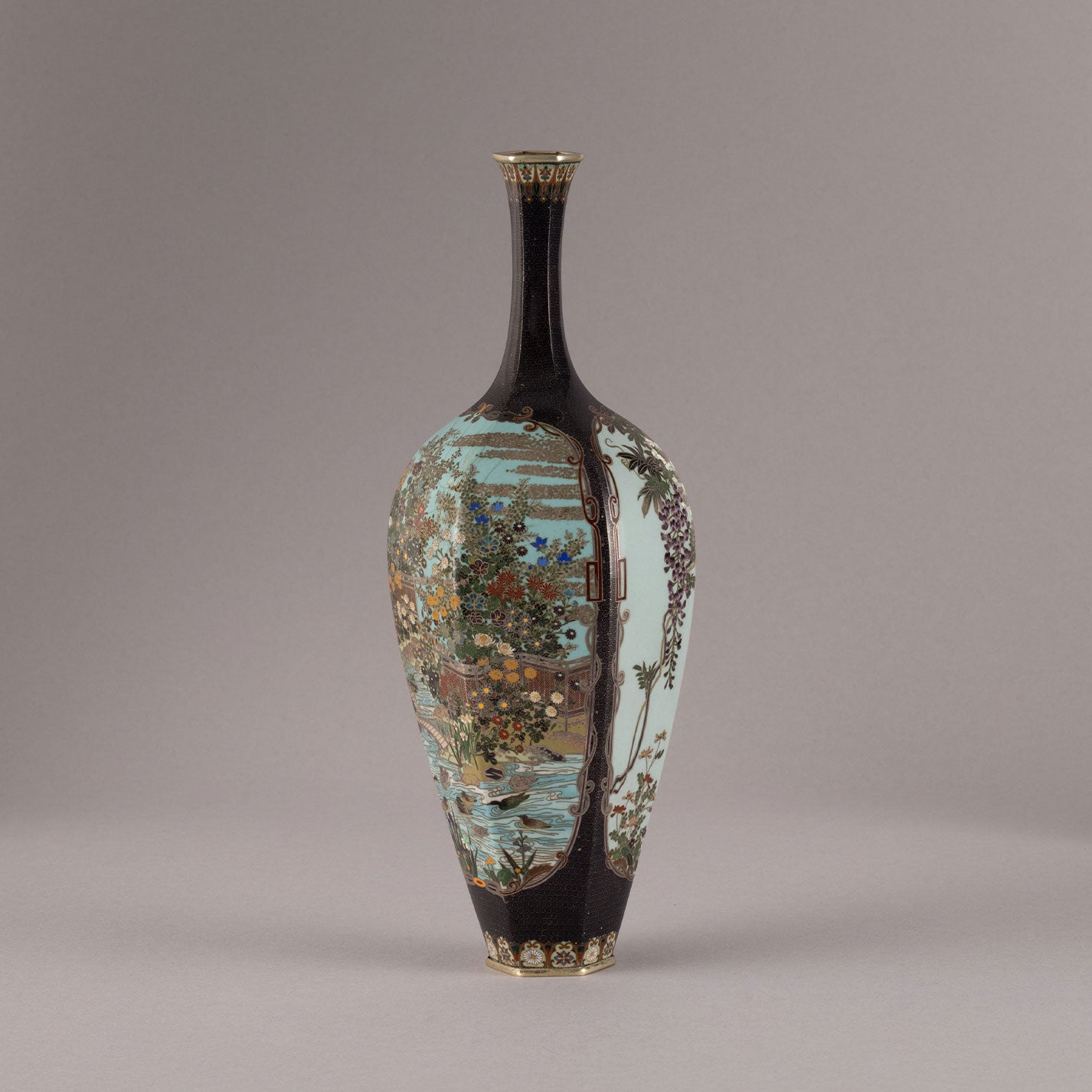 Enamel flower vase with floral and bird motif