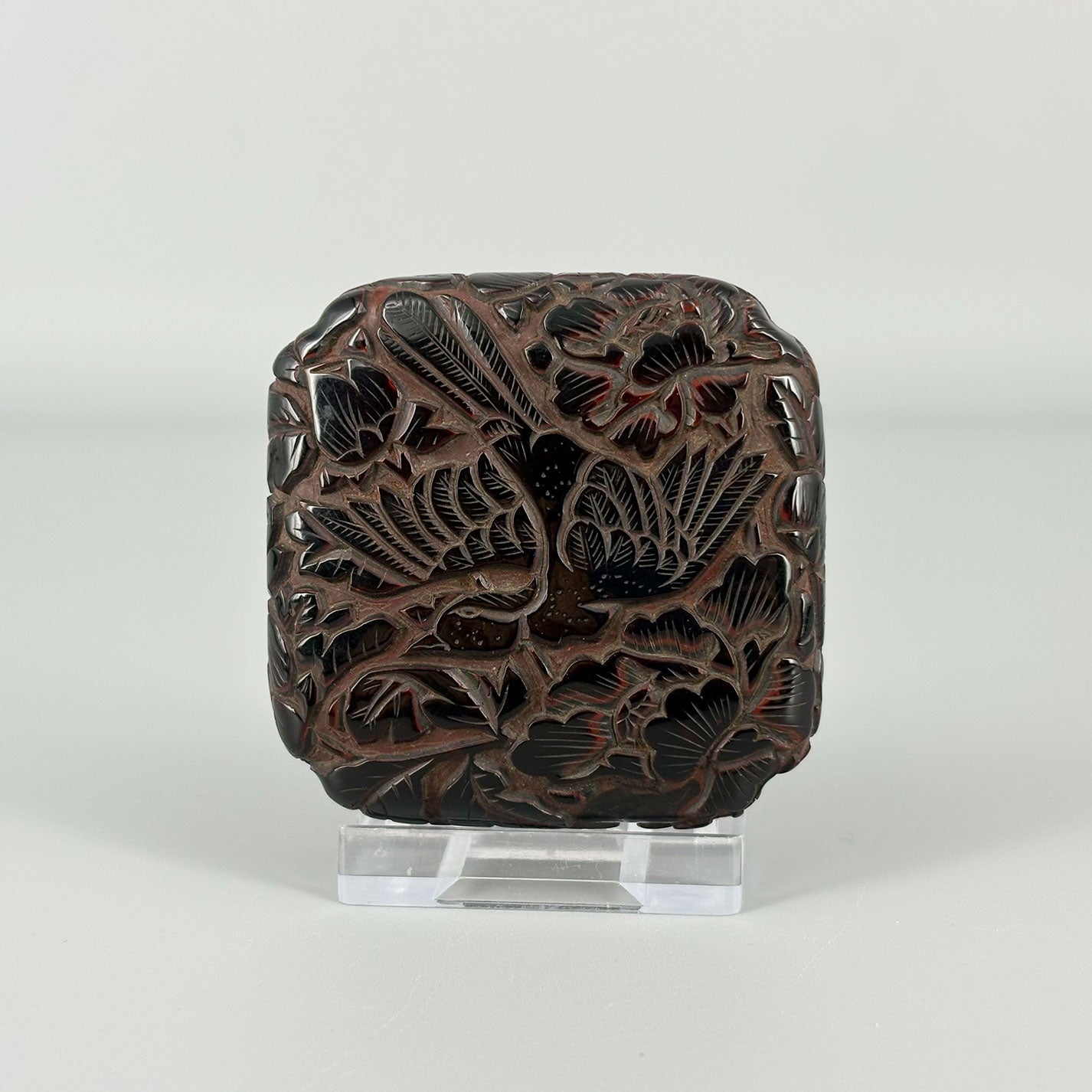 Carved Red Lacquer Incense Box with Floral and Bird Design