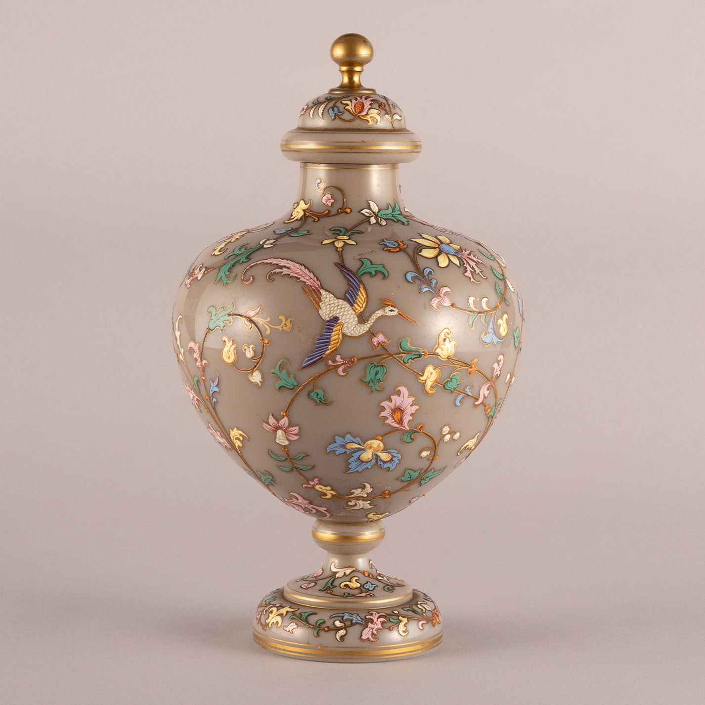 Flower and bird motif jar with lid