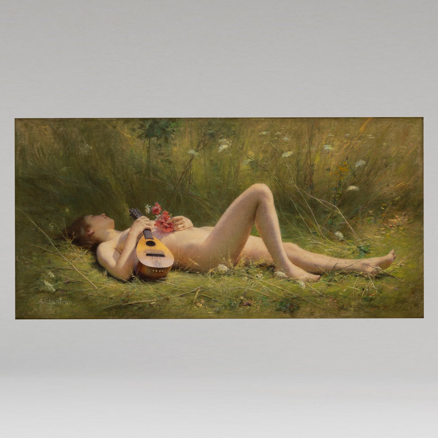 Alexandre Jacques Chantron (Fr. 1842 - 1918) / Nude in a Meadow with Poppies and Mandolin