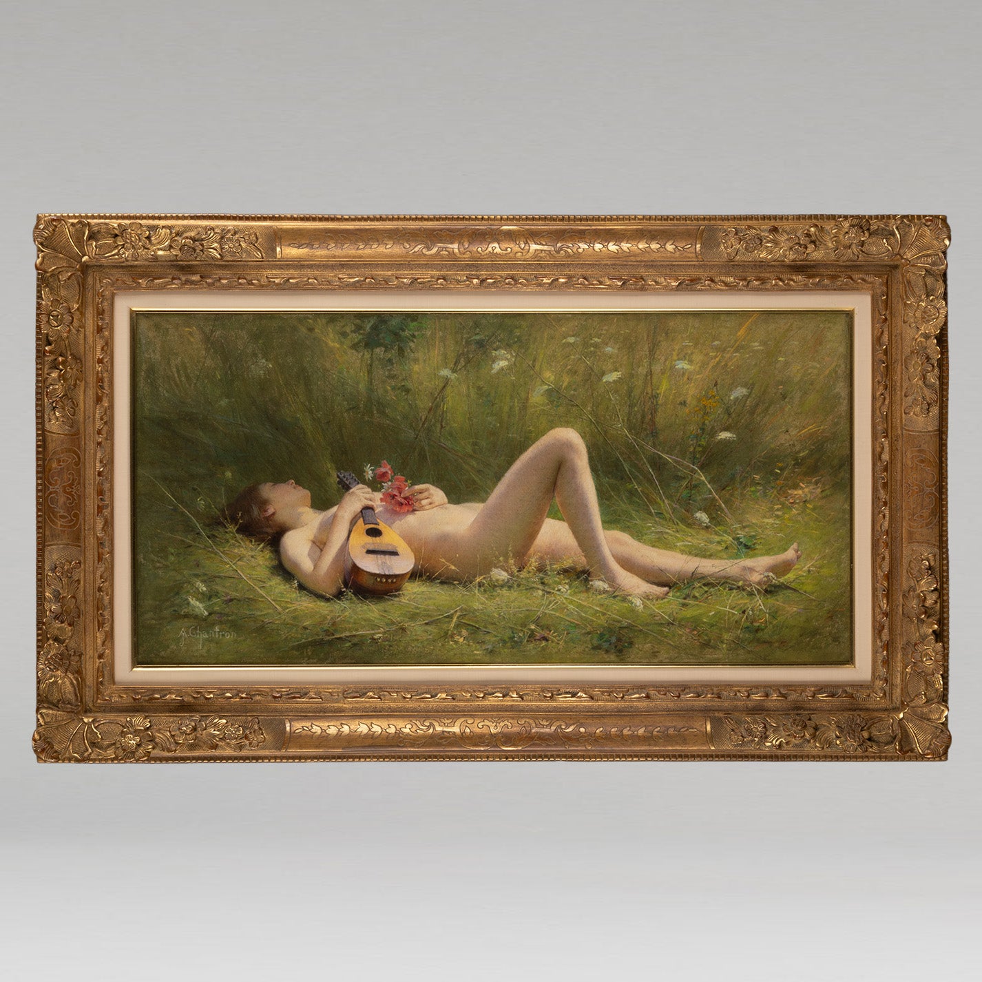 Alexandre Jacques Chantron (Fr. 1842 - 1918) / Nude in a Meadow with Poppies and Mandolin