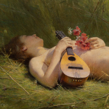 Alexandre Jacques Chantron (Fr. 1842 - 1918) / Nude in a Meadow with Poppies and Mandolin
