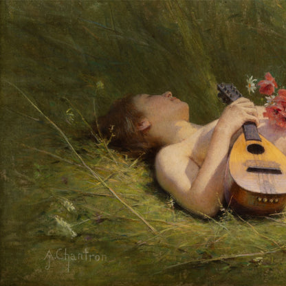 Alexandre Jacques Chantron (Fr. 1842 - 1918) / Nude in a Meadow with Poppies and Mandolin