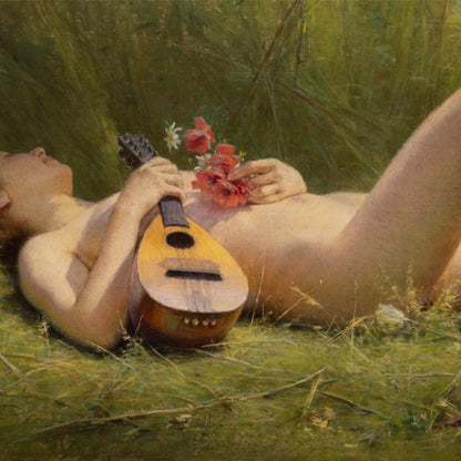 [B1179] Alexandre Jacques Chantron ( Fr. 1842 -1918 ) / Nude in a Meadow with Poppies and Mandolin