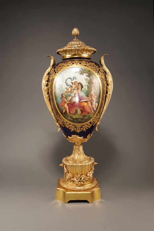 Cobalt-Glazed and Gilt Covered Urn with Madonna and Angels design