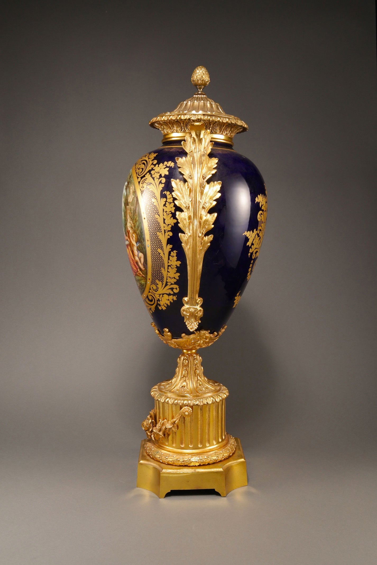 Cobalt-Glazed and Gilt Covered Urn with Madonna and Angels design
