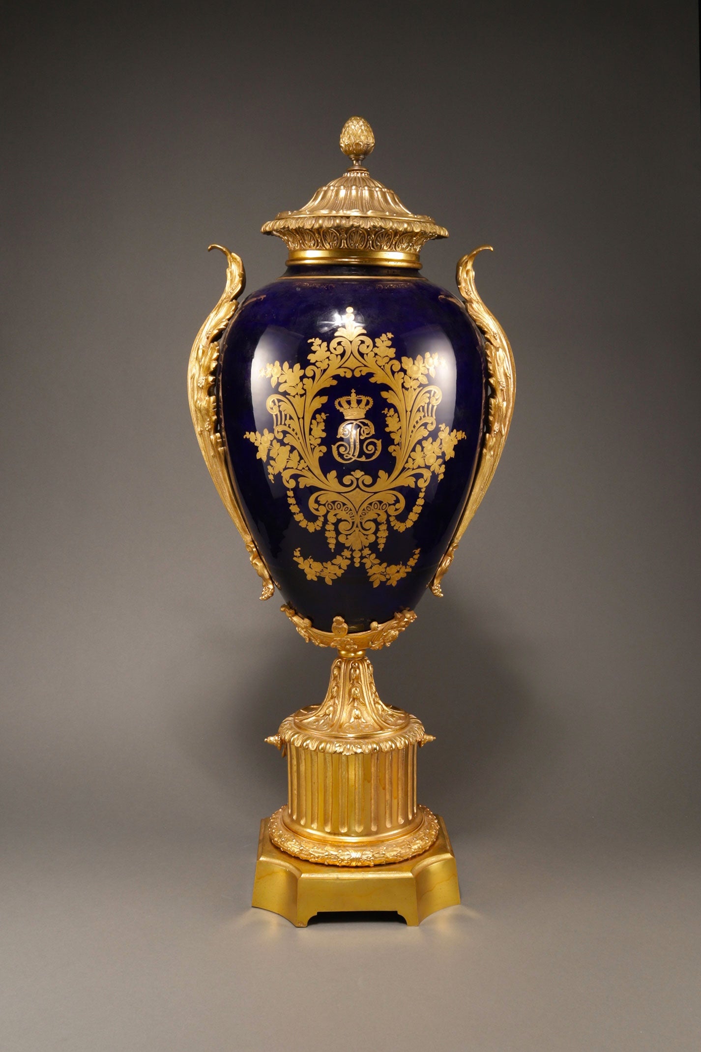 Cobalt-Glazed and Gilt Covered Urn with Madonna and Angels design