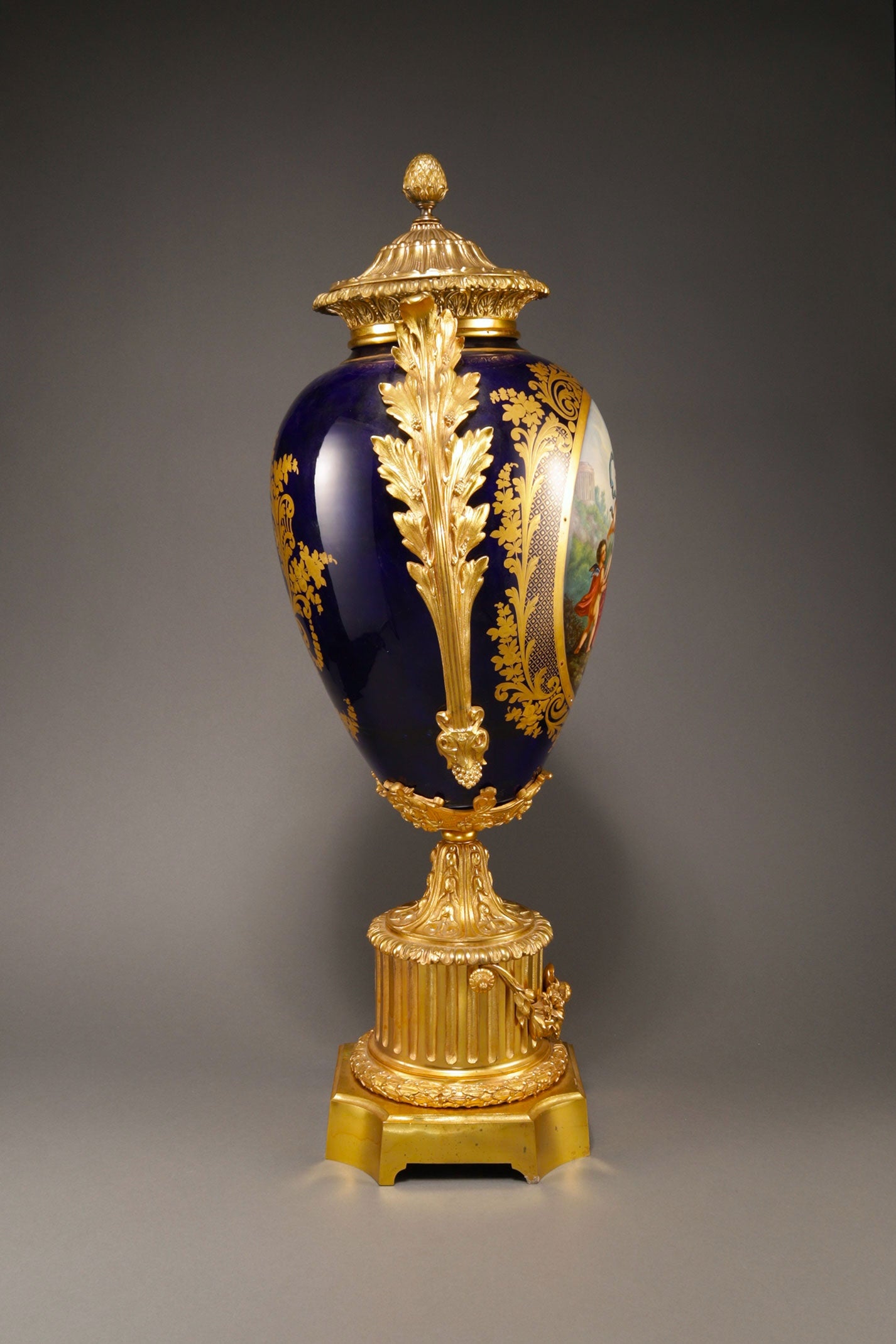 Cobalt-Glazed and Gilt Covered Urn with Madonna and Angels design