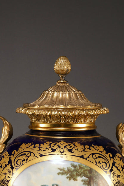 Cobalt-Glazed and Gilt Covered Urn with Madonna and Angels design
