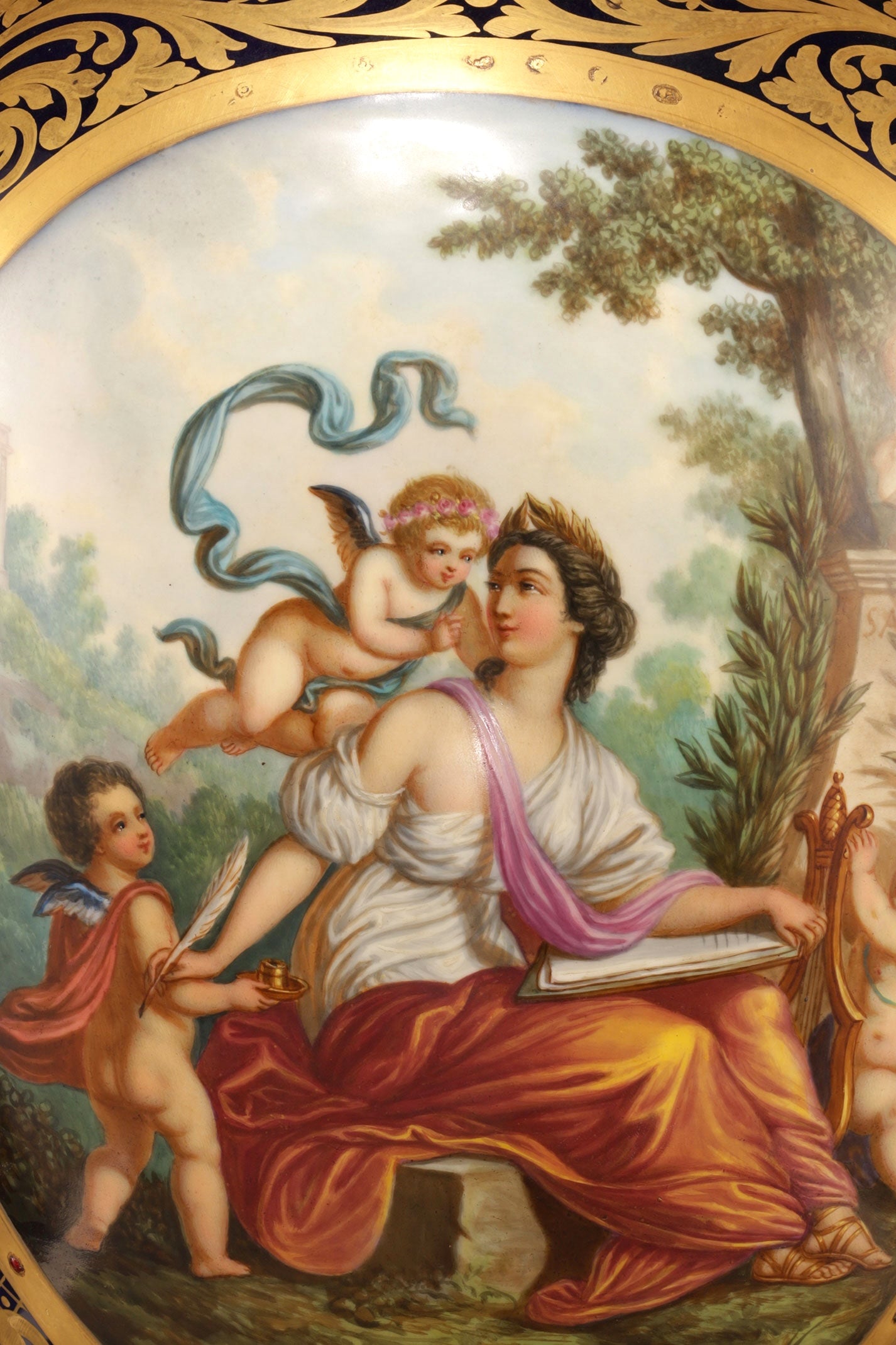 Cobalt-Glazed and Gilt Covered Urn with Madonna and Angels design