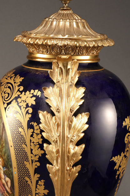 Cobalt-Glazed and Gilt Covered Urn with Madonna and Angels design
