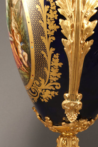 Cobalt-Glazed and Gilt Covered Urn with Madonna and Angels design