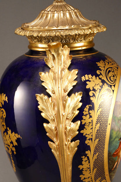 Cobalt-Glazed and Gilt Covered Urn with Madonna and Angels design