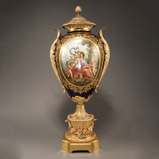 [G0379] Cobalt-Glazed and Gilt Covered Urn with Madonna and Angels design
