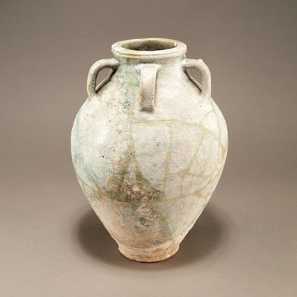 Blue-Glazed Persian Jar with Lug Handles and Silver Iridescence