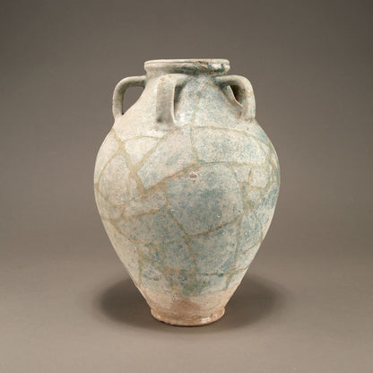 Blue-Glazed Persian Jar with Lug Handles and Silver Iridescence