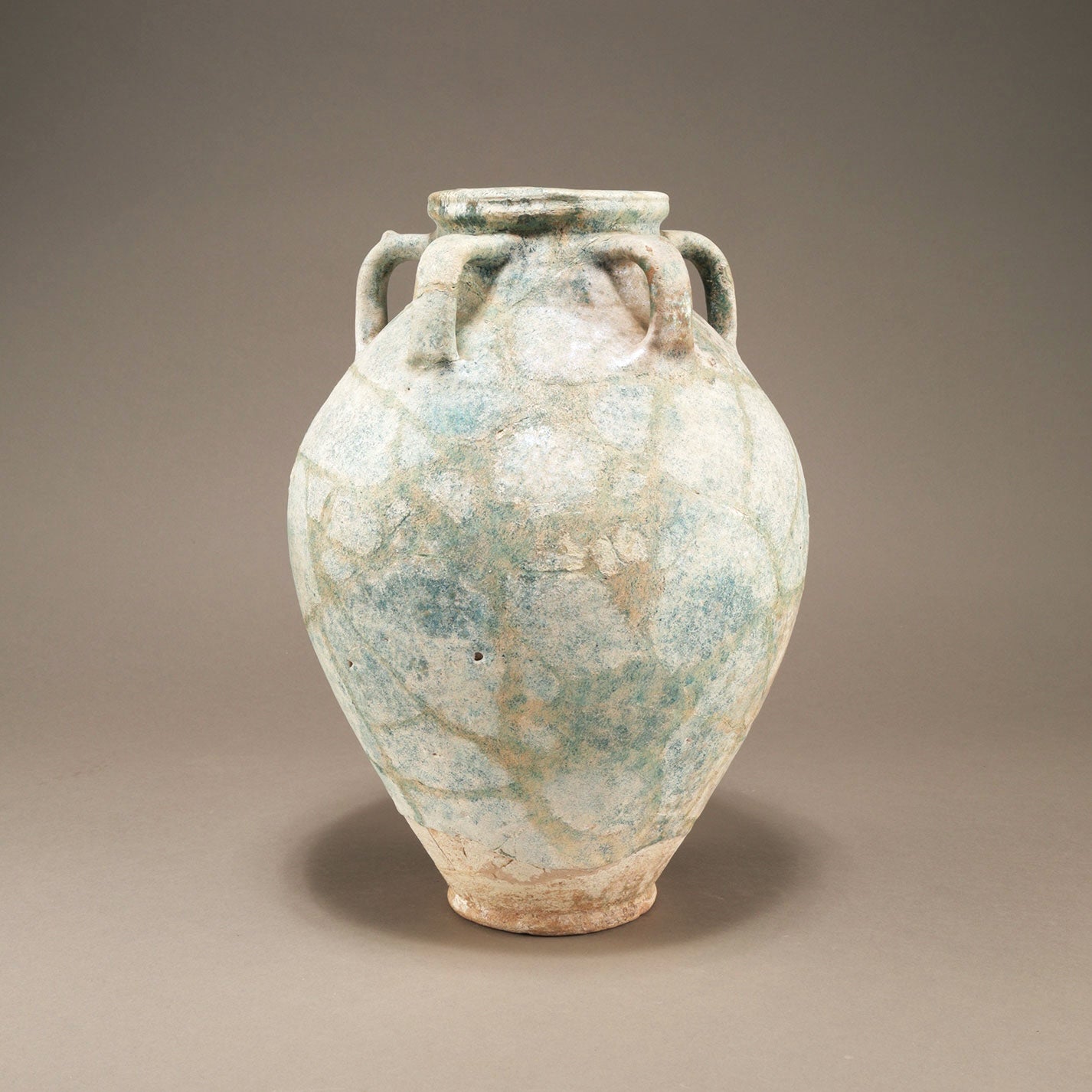 Blue-Glazed Persian Jar with Lug Handles and Silver Iridescence