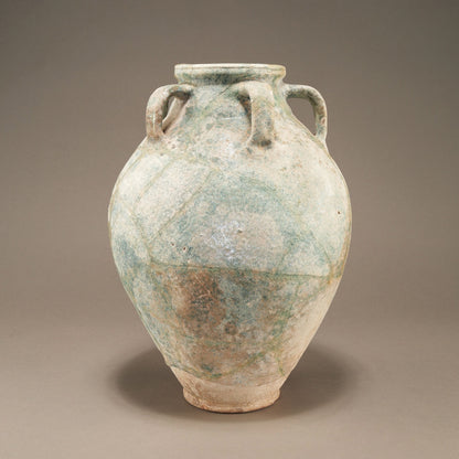 Blue-Glazed Persian Jar with Lug Handles and Silver Iridescence