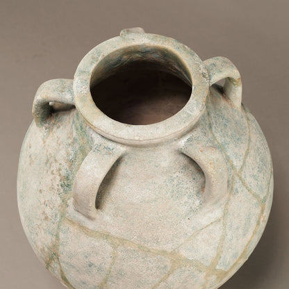 Blue-Glazed Persian Jar with Lug Handles and Silver Iridescence