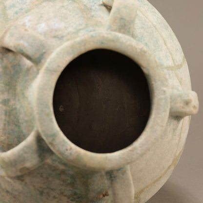 Blue-Glazed Persian Jar with Lug Handles and Silver Iridescence