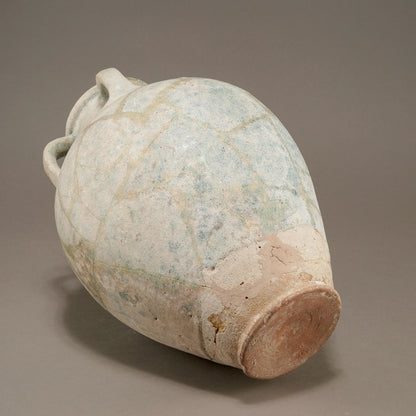 Blue-Glazed Persian Jar with Lug Handles and Silver Iridescence