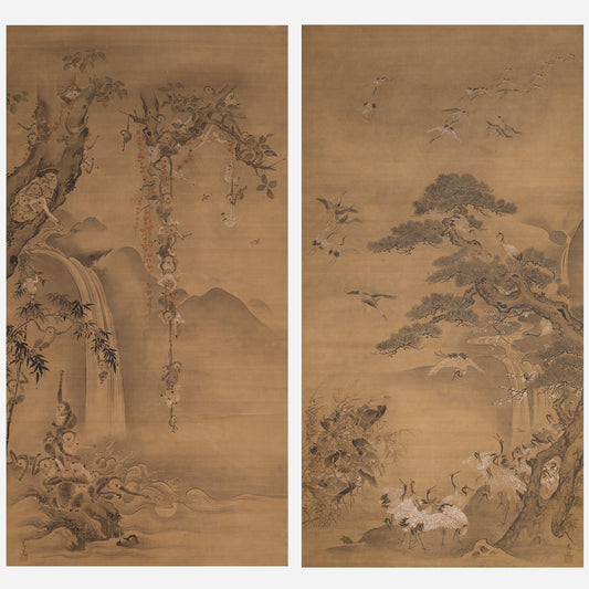 [K0138] 狩野常信 (1636 - 1713 ) / 百鶴百猿　双幅