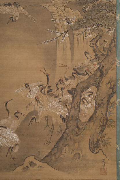 [K0138] Kano Tsunenobu (1636–1713) / One Hundred Cranes and One Hundred Monkeys, a Pair of Hanging Scrolls