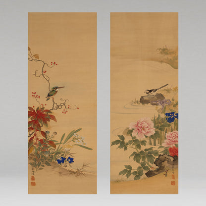 佐竹永海 ( 会津 1803-1874 ) / 花鳥画双幅 [K0417]