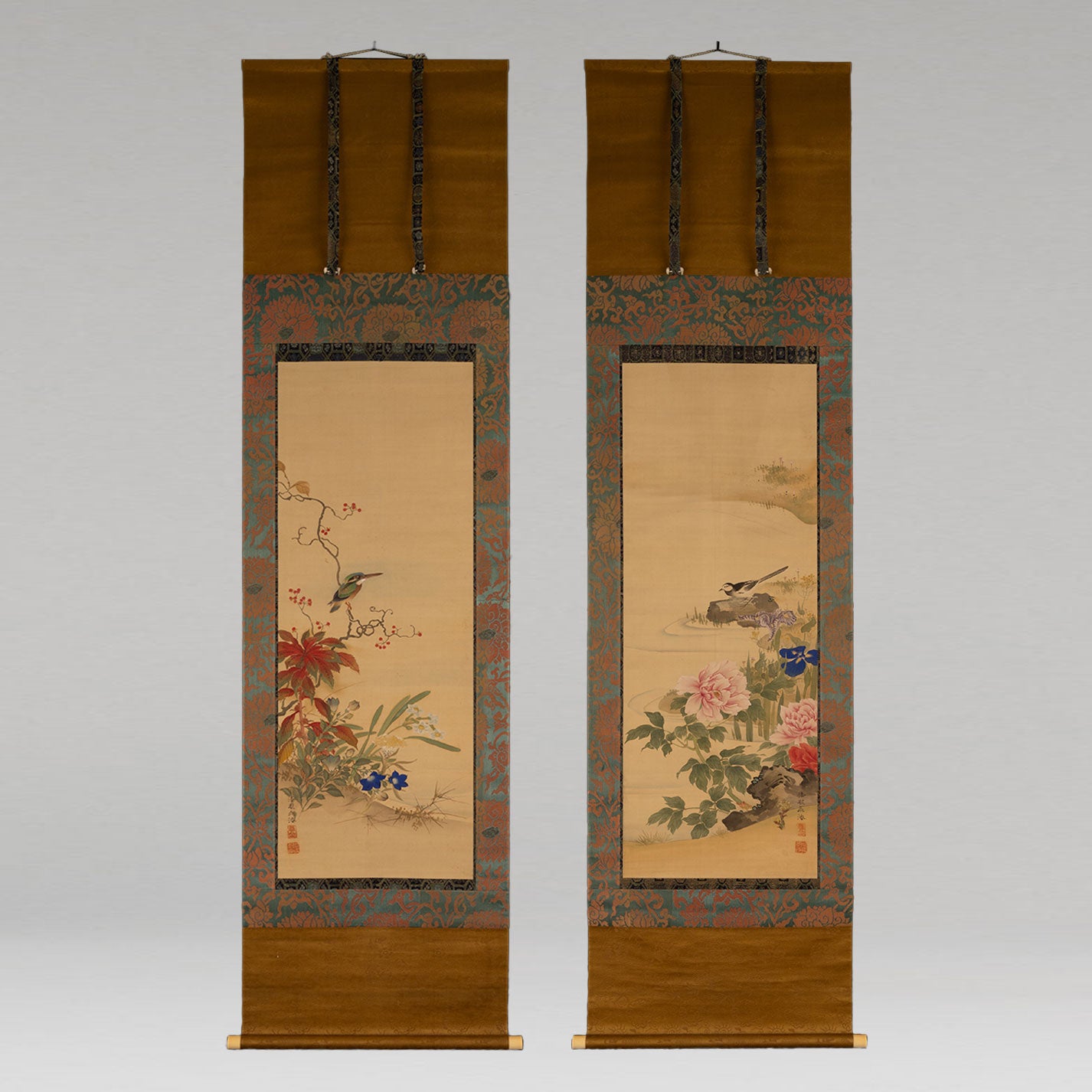 佐竹永海 ( 会津 1803-1874 ) / 花鳥画双幅 [K0417]