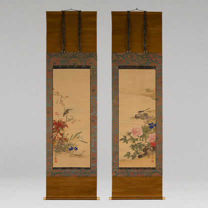 佐竹永海 ( 会津 1803-1874 ) / 花鳥画双幅 [K0417]