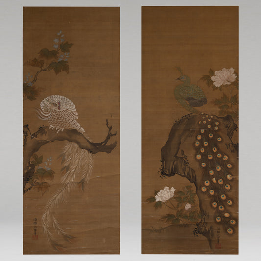 [K0434] 狩野永雲 ( ? - 1697 ) / 牡丹孔雀桐鳳画双幅
