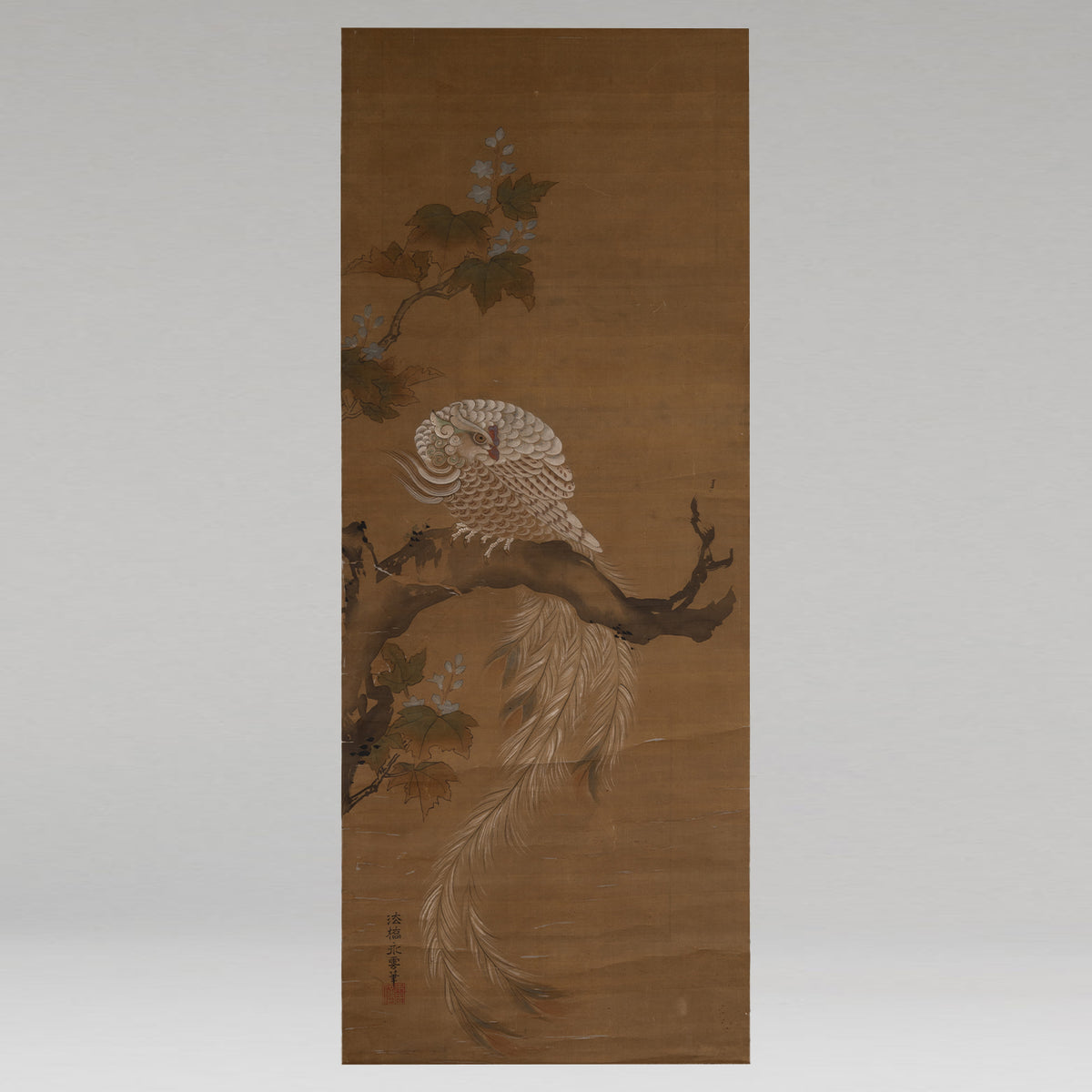 [K0434] Kano Eiun (?–1697) / Peacocks and Peonies; Phoenix and Paulownia, a Pair of Hanging Scrolls