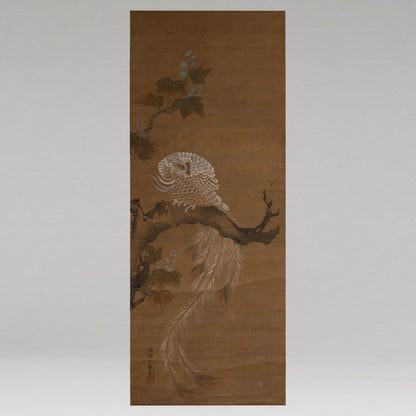 [K0434] Kano Eiun (?–1697) / Peacocks and Peonies; Phoenix and Paulownia, a Pair of Hanging Scrolls