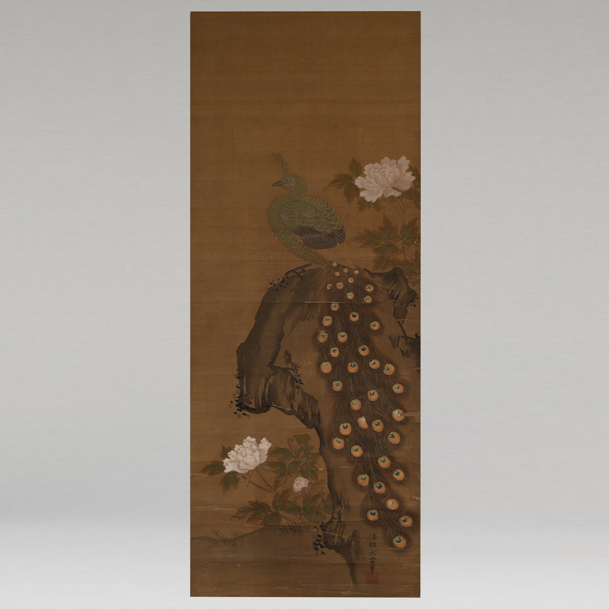 [K0434] Kano Eiun (?–1697) / Peacocks and Peonies; Phoenix and Paulownia, a Pair of Hanging Scrolls