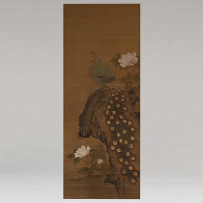 [K0434] Kano Eiun (?–1697) / Peacocks and Peonies; Phoenix and Paulownia, a Pair of Hanging Scrolls