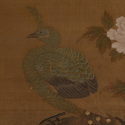 [K0434] Kano Eiun (?–1697) / Peacocks and Peonies; Phoenix and Paulownia, a Pair of Hanging Scrolls