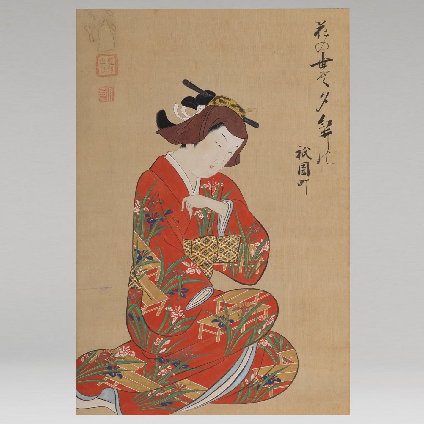[K0526] 肉筆元祿美人畫題贊掛軸