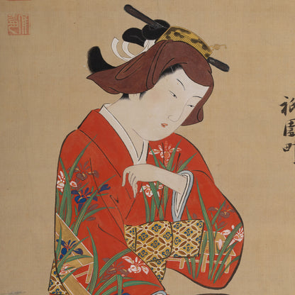 [K0526] 肉筆元祿美人畫題贊掛軸