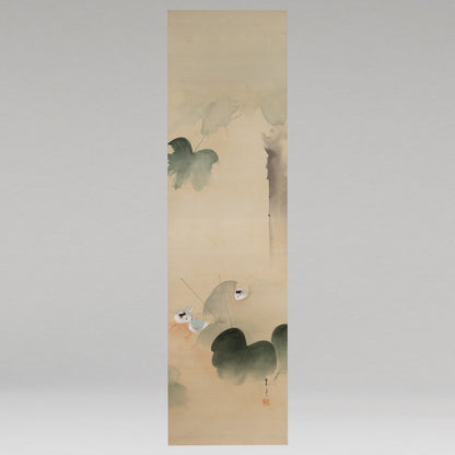 [K0532] 渡邊省亭／葛與小鳥圖掛軸