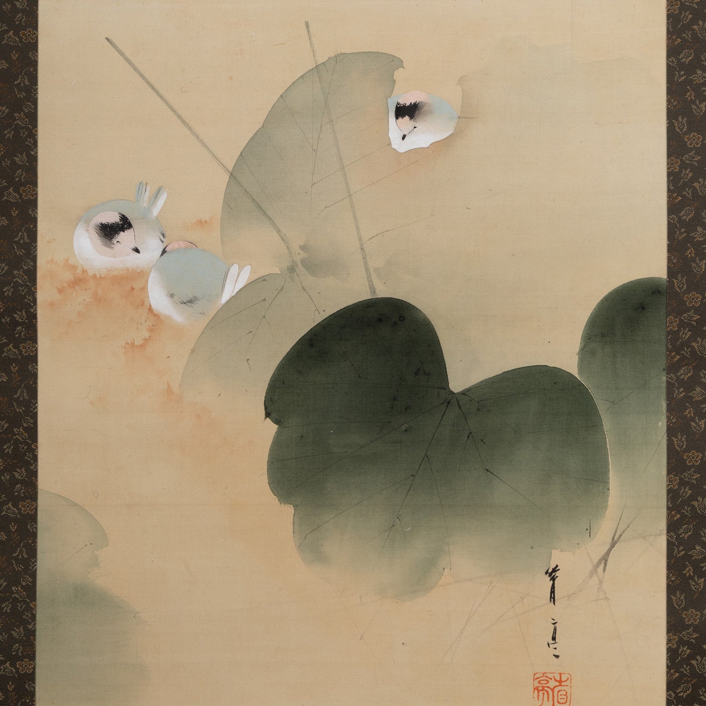 [K0532] 渡邊省亭／葛與小鳥圖掛軸
