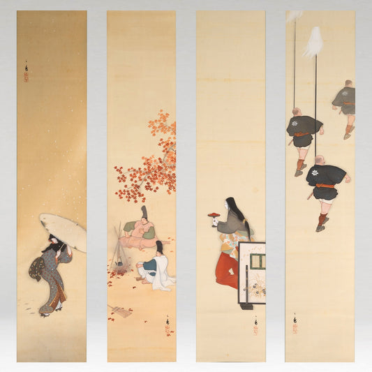 [K0533] 岩佐古香（愛知縣，1884–1951）／秋冬景四幅對掛軸