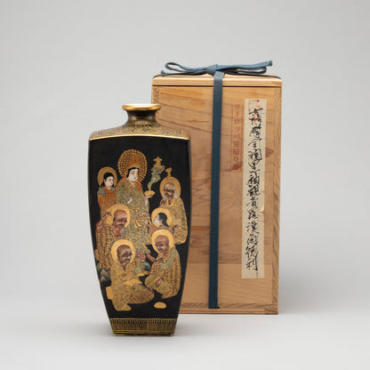 薩摩金襕手黑釉觀音羅漢圖方瓶