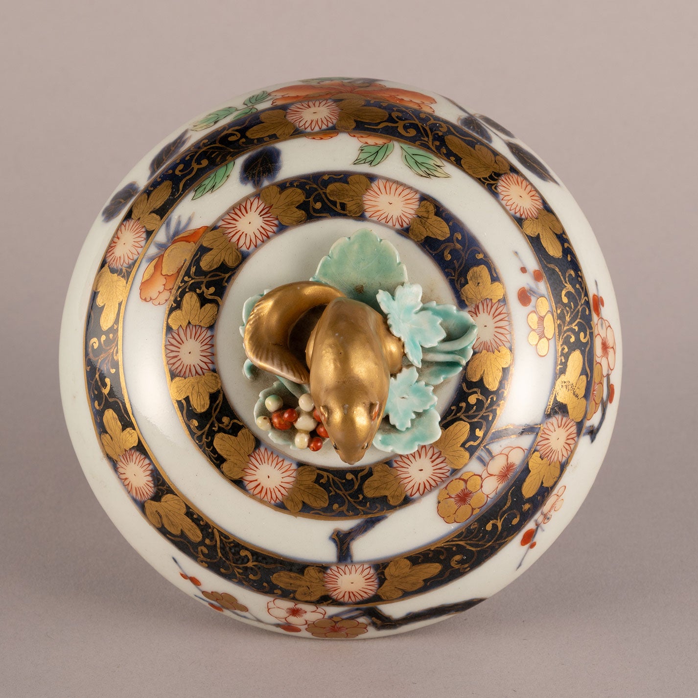 Colored and gold painted squirrel knob lidded container [L0071]