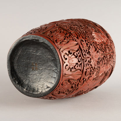 朱塗山水楼閣文花入