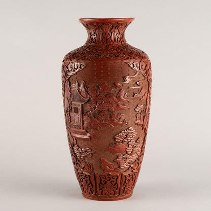 朱塗山水楼閣文花入