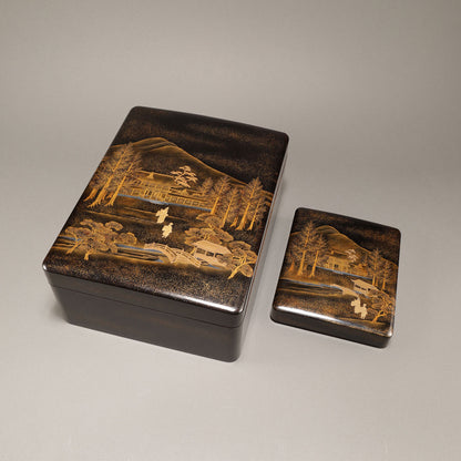 蒔絵下鴨神社図 文庫・硯箱 (2点一組)