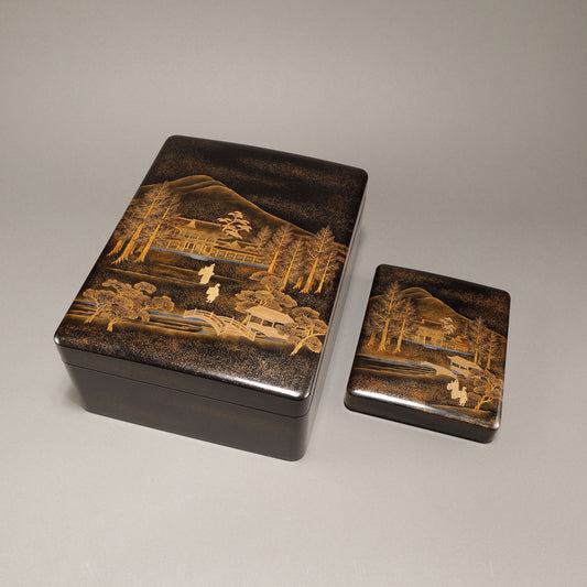 蒔絵下鴨神社図 文庫・硯箱 (2点一組)