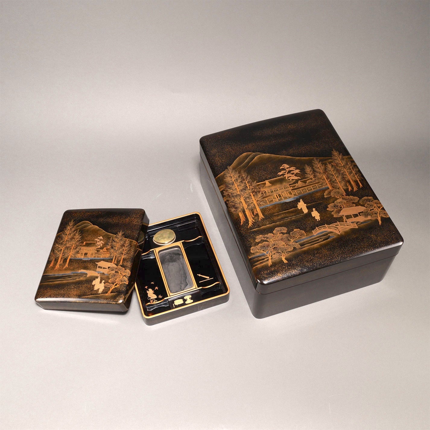 蒔絵下鴨神社図 文庫・硯箱 (2点一組)