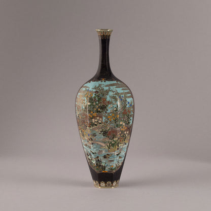 Enamel flower vase with floral and bird motif